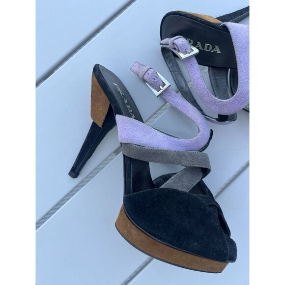 Prada Suede Color Block Put Out Heeled Sandals - Size 36.5/ US 5.5 - Multic - Picture 4 of 10
